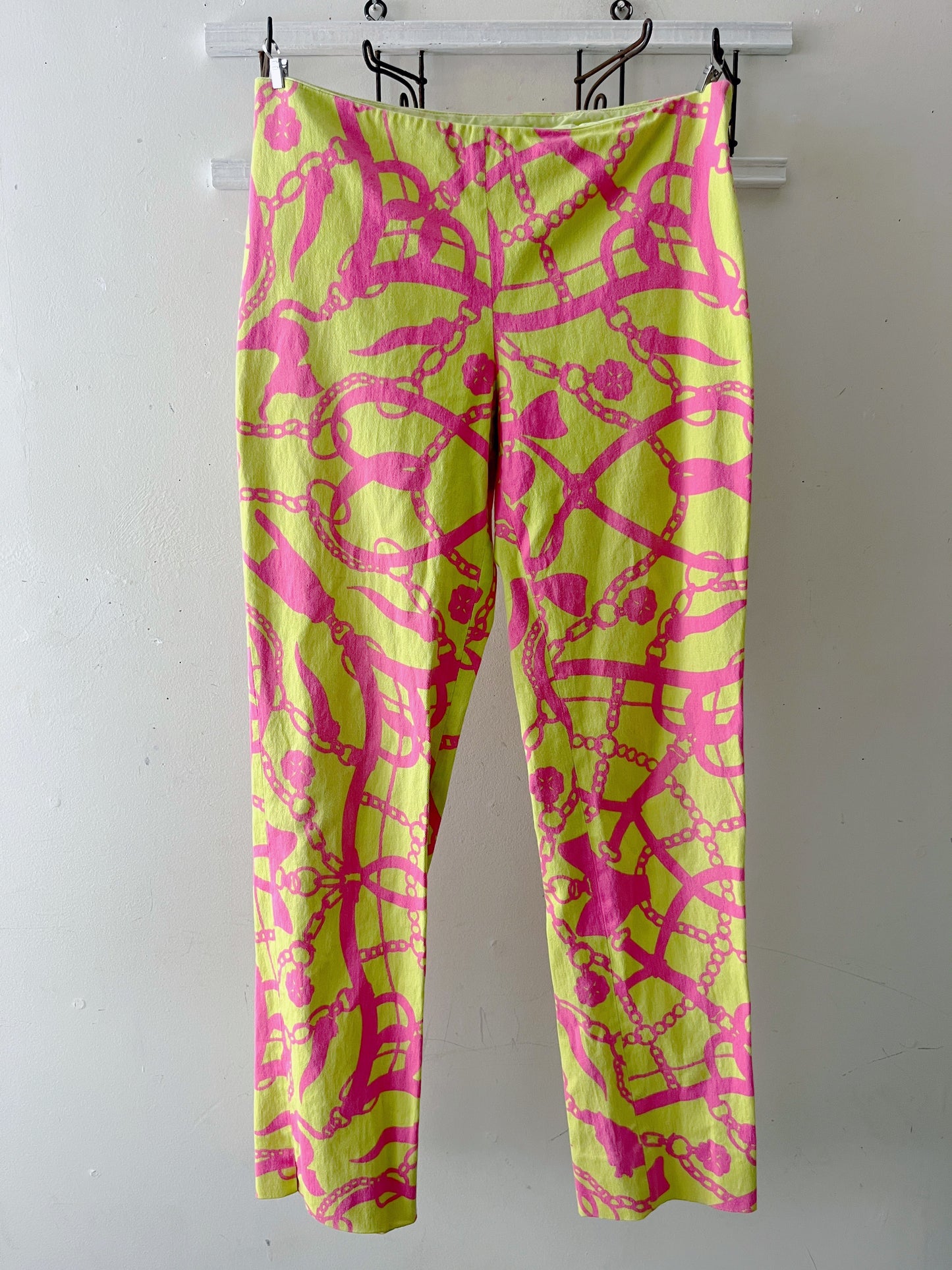 Moschino Pink Lime Chain Print Trousers| Medium