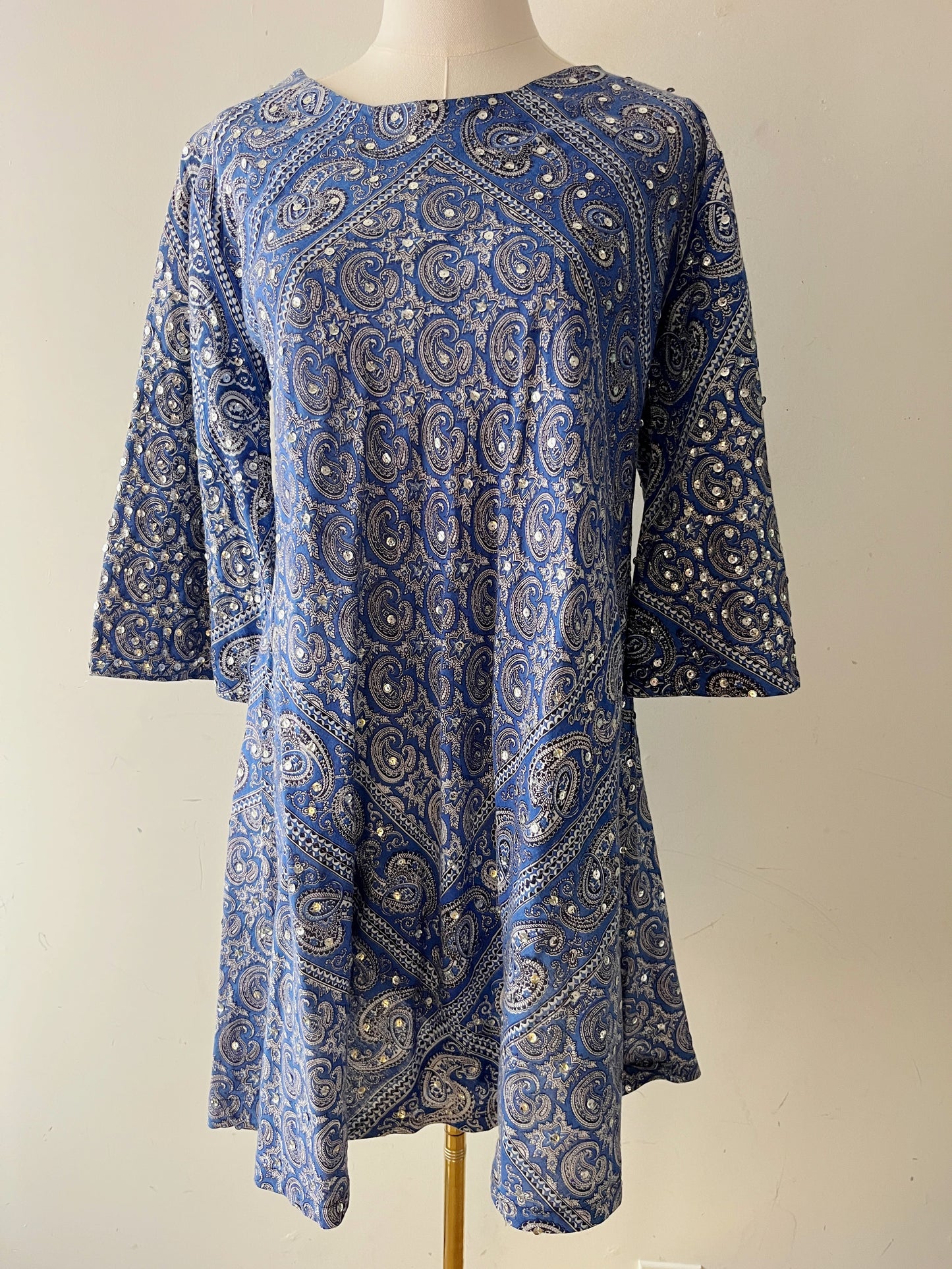 Bandana Paisley Sequin Bell Sleeve Mini Dress| Medium