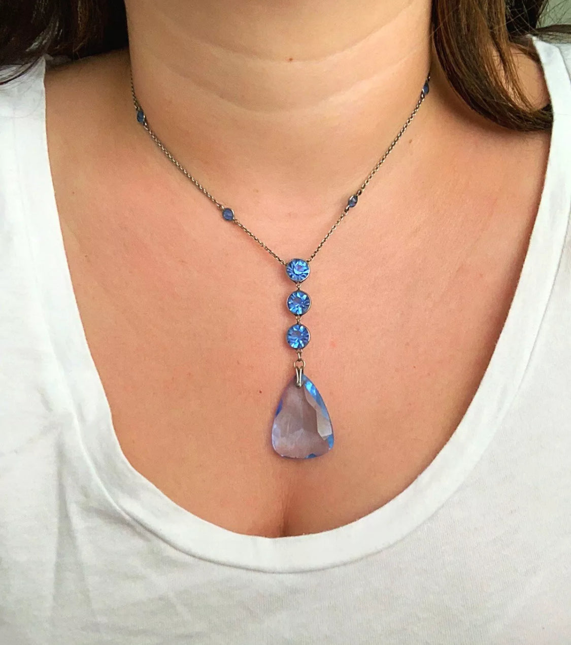 Art Deco Blue Lariat Crystal Necklace
