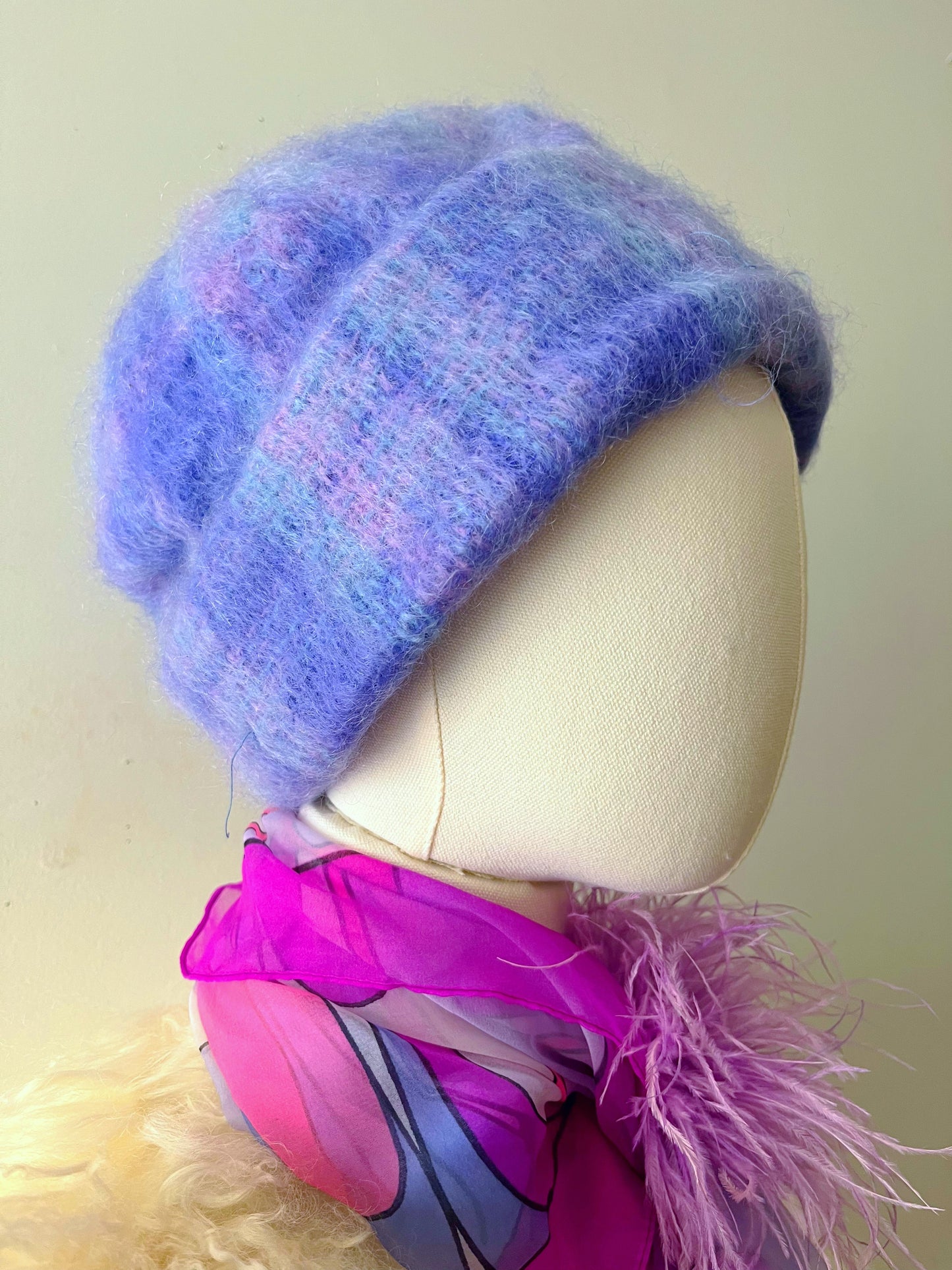 Mohair Knit Plaid Beanie