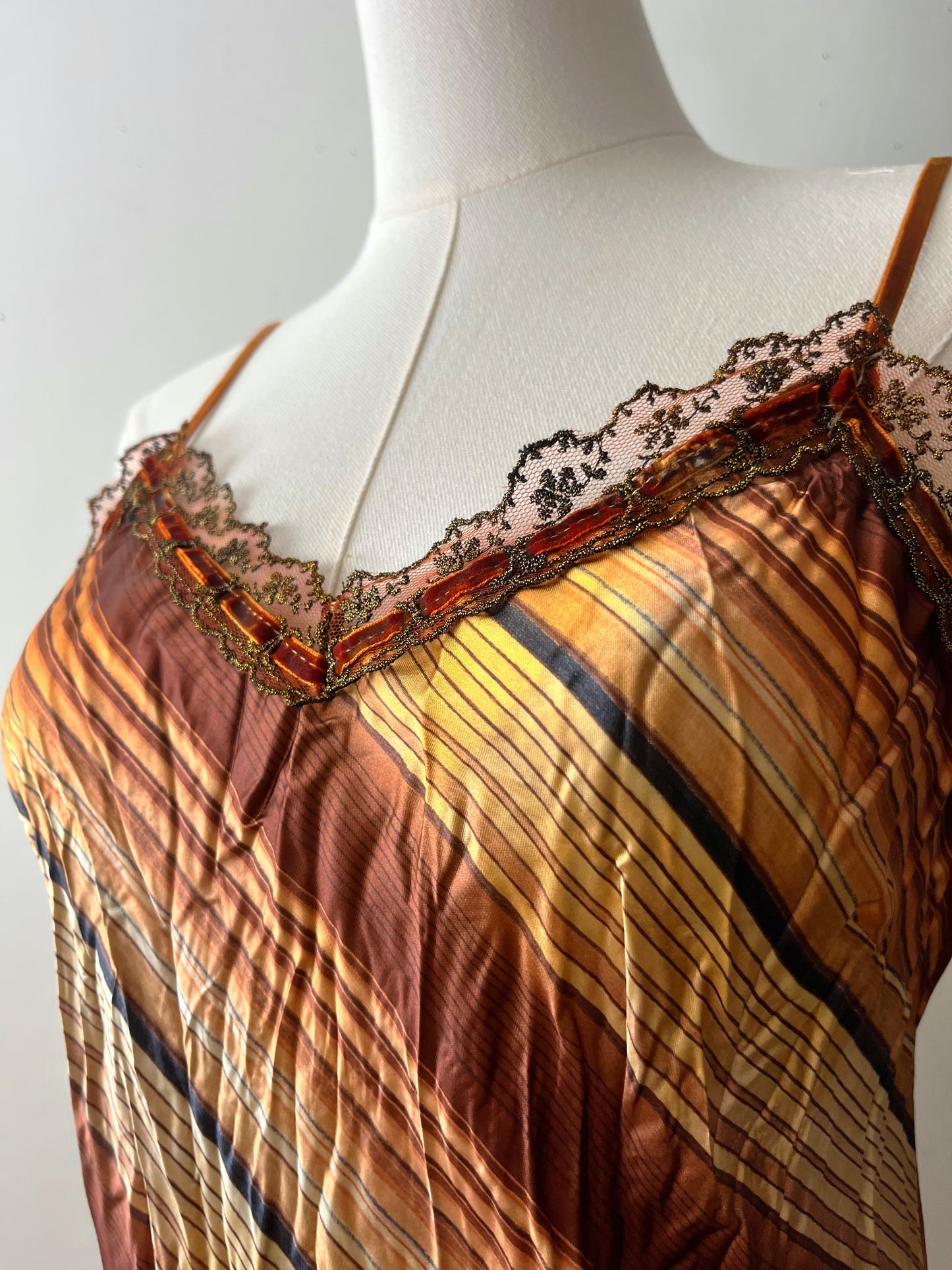 Satin Crinkle Striped Slip Dress Warm Honey| M/L