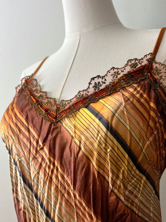 Satin Crinkle Striped Slip Dress Warm Honey| M/L