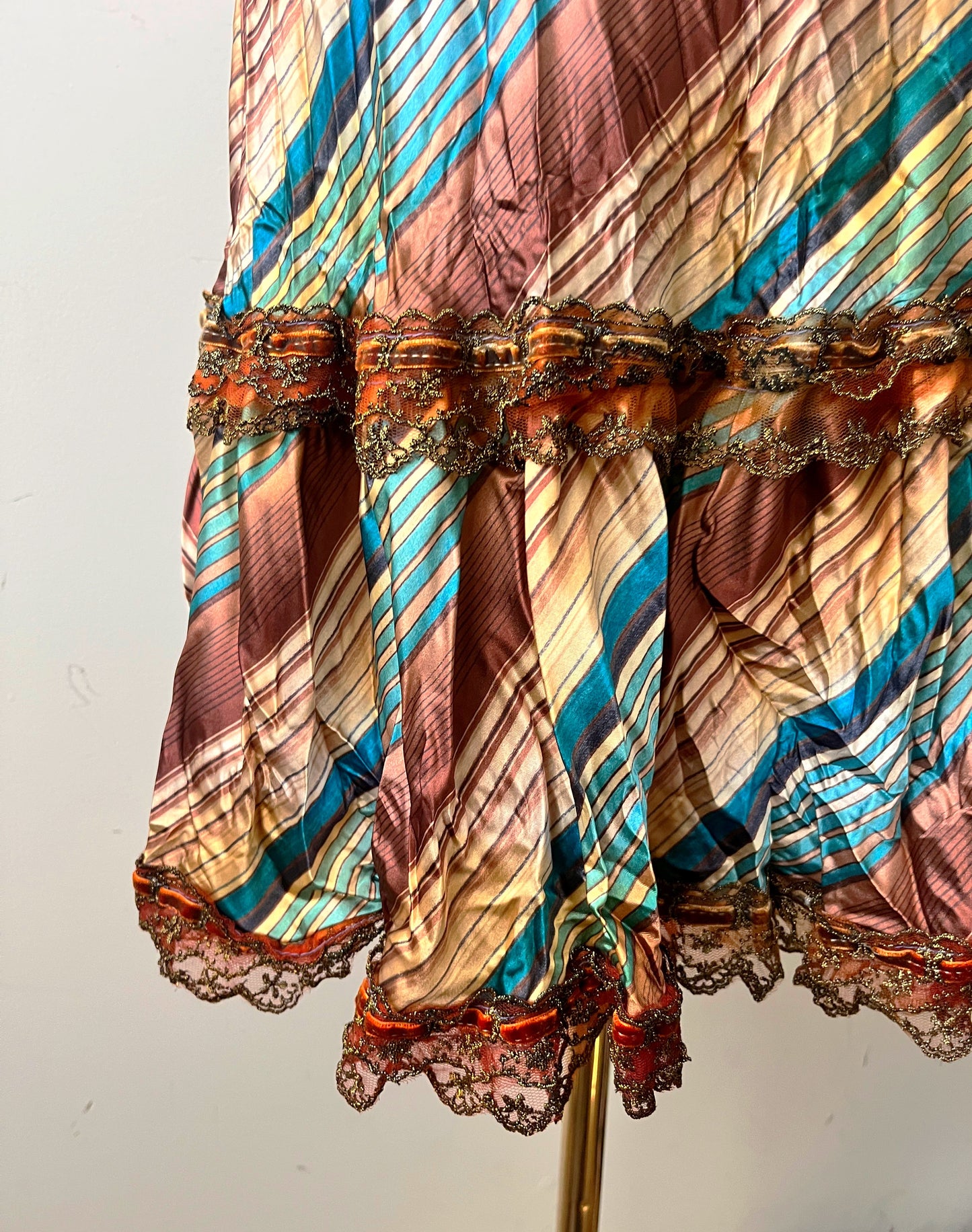 Satin Crinkle Striped Slip Dress Turquoise Honey| M/L