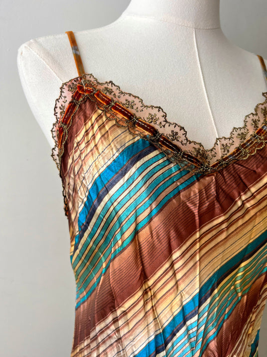 Satin Crinkle Striped Slip Dress Turquoise Honey| M/L
