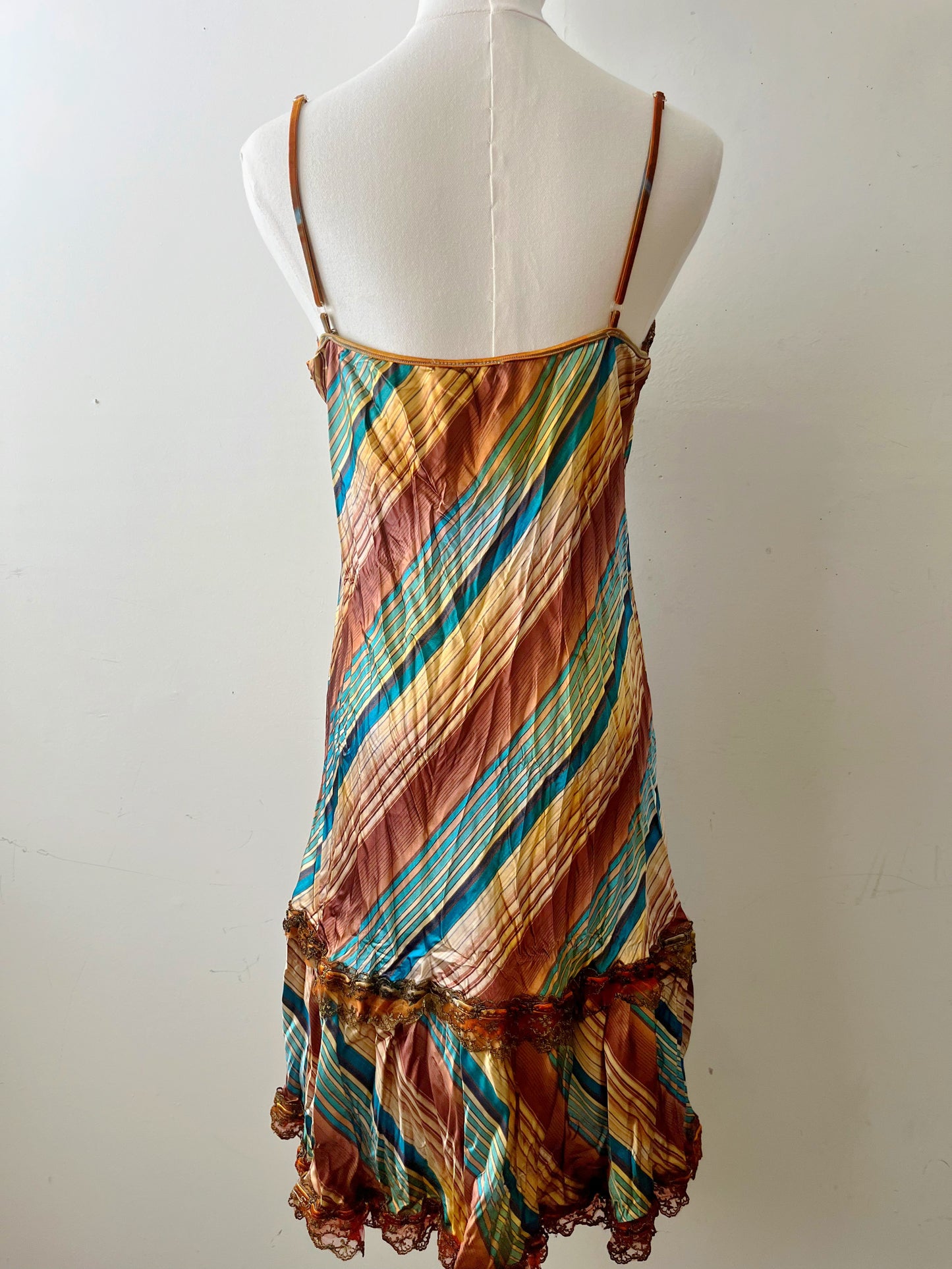 Satin Crinkle Striped Slip Dress Turquoise Honey| M/L