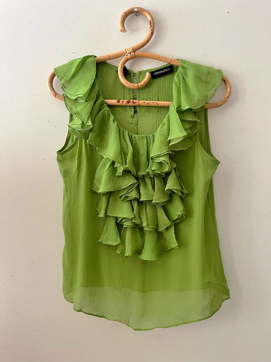 Avocado Sheer Silk Ruffle Top| Small