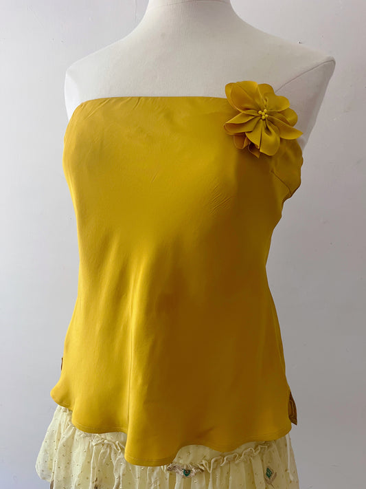 Mustard Yellow Silk Tube Top with Floral Brooch| S/M