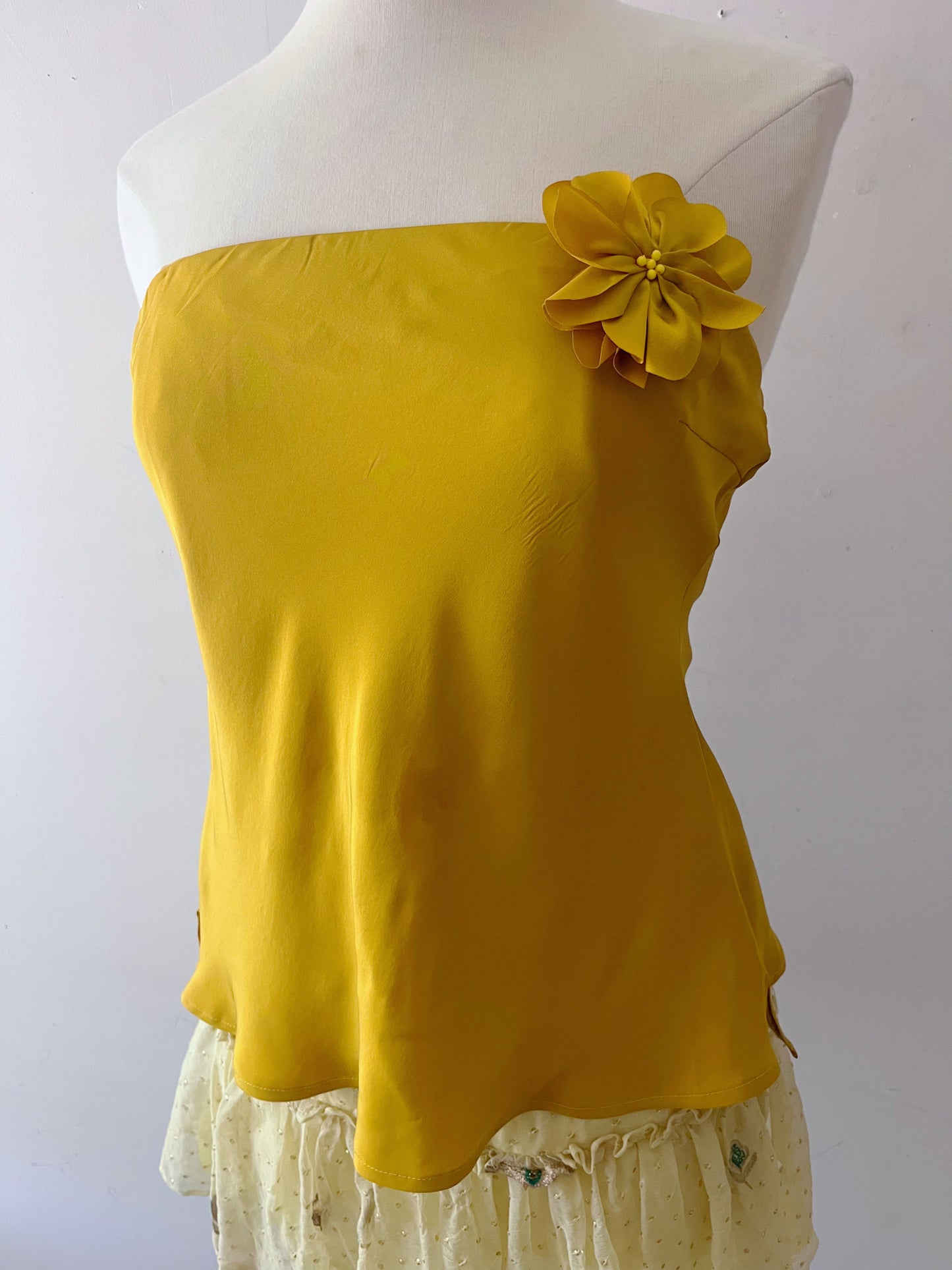 Mustard Yellow Silk Tube Top with Floral Brooch| S/M