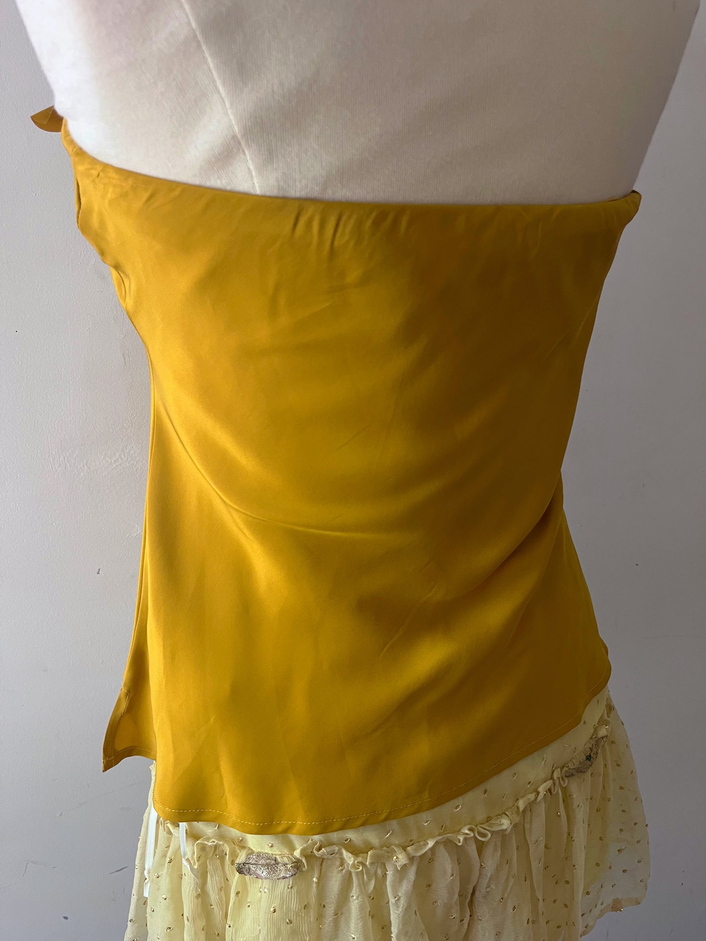 Mustard Yellow Silk Tube Top with Floral Brooch| S/M