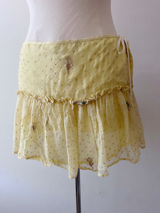 Silk Butter Yellow Embellished Ruffle Mini Skirt| S/M