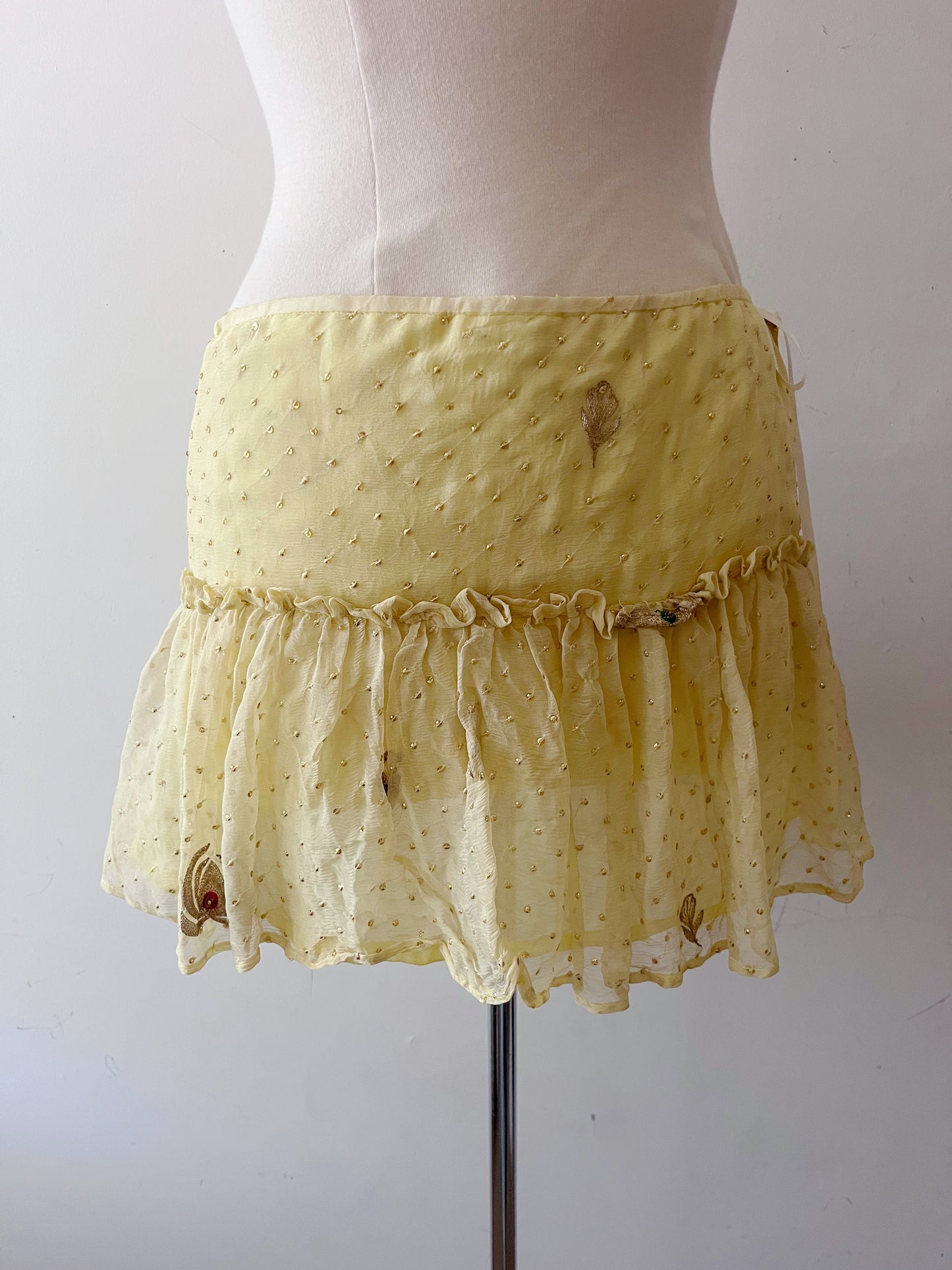Silk Butter Yellow Embellished Ruffle Mini Skirt| S/M