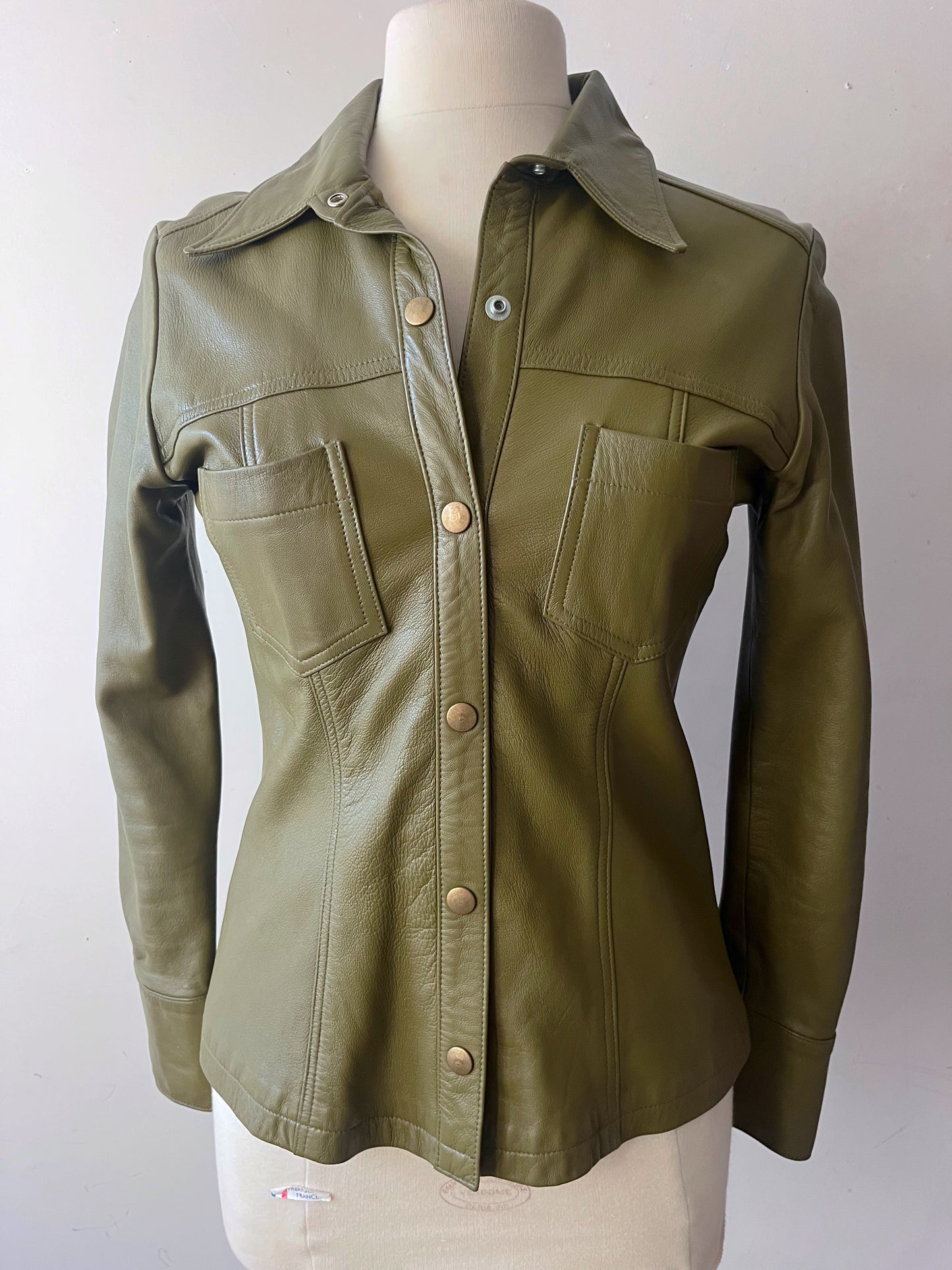 Olive Green Leather Shirt Jacket| S/M