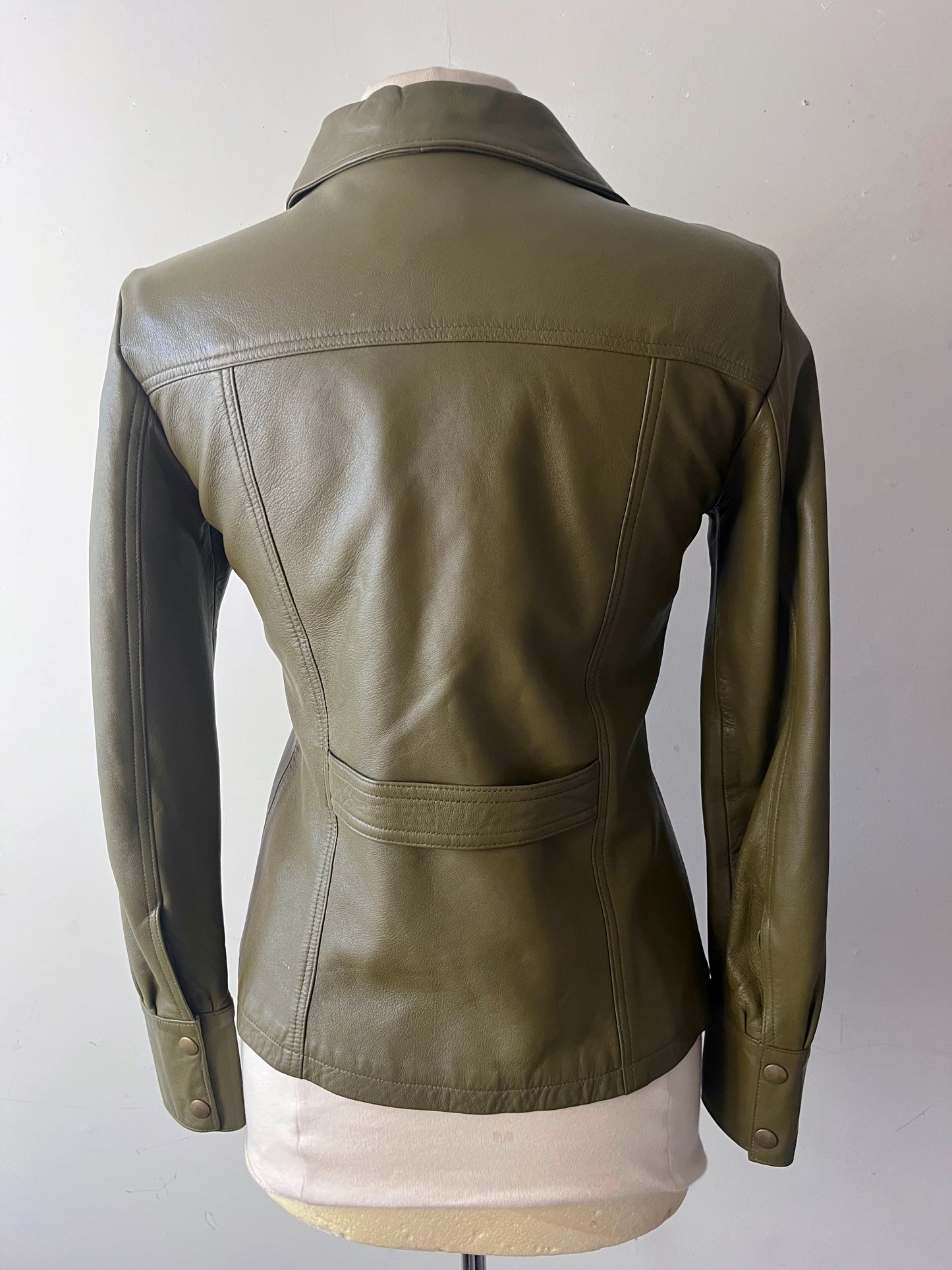 Olive Green Leather Shirt Jacket| S/M