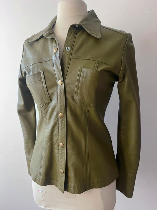 Olive Green Leather Shirt Jacket| S/M