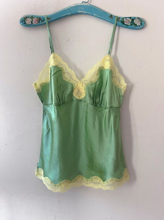 Celery Green Silk Cami with Yellow Lace| Small