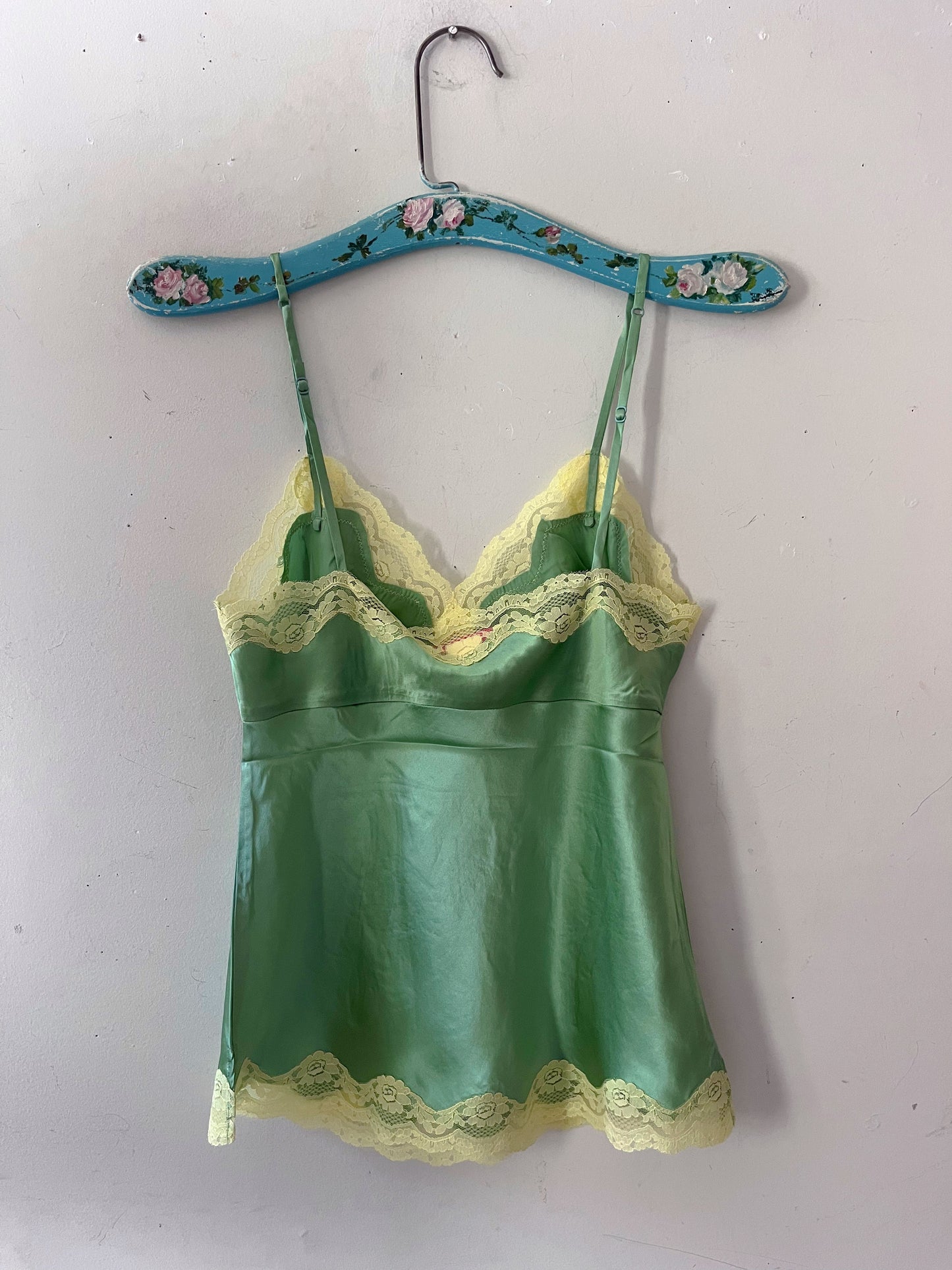 Celery Green Silk Cami with Yellow Lace| Small