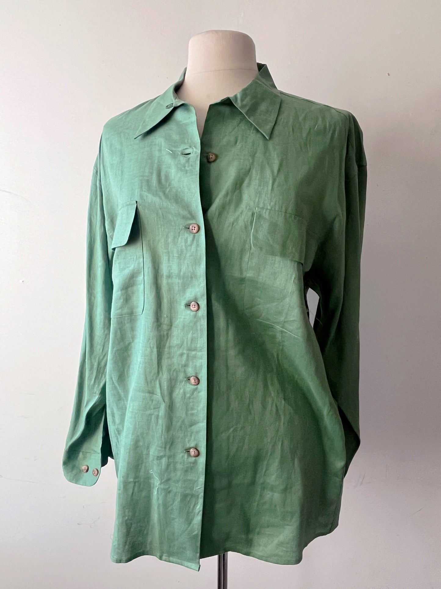 Green Linen Oversized Button Down Shirt| Medium