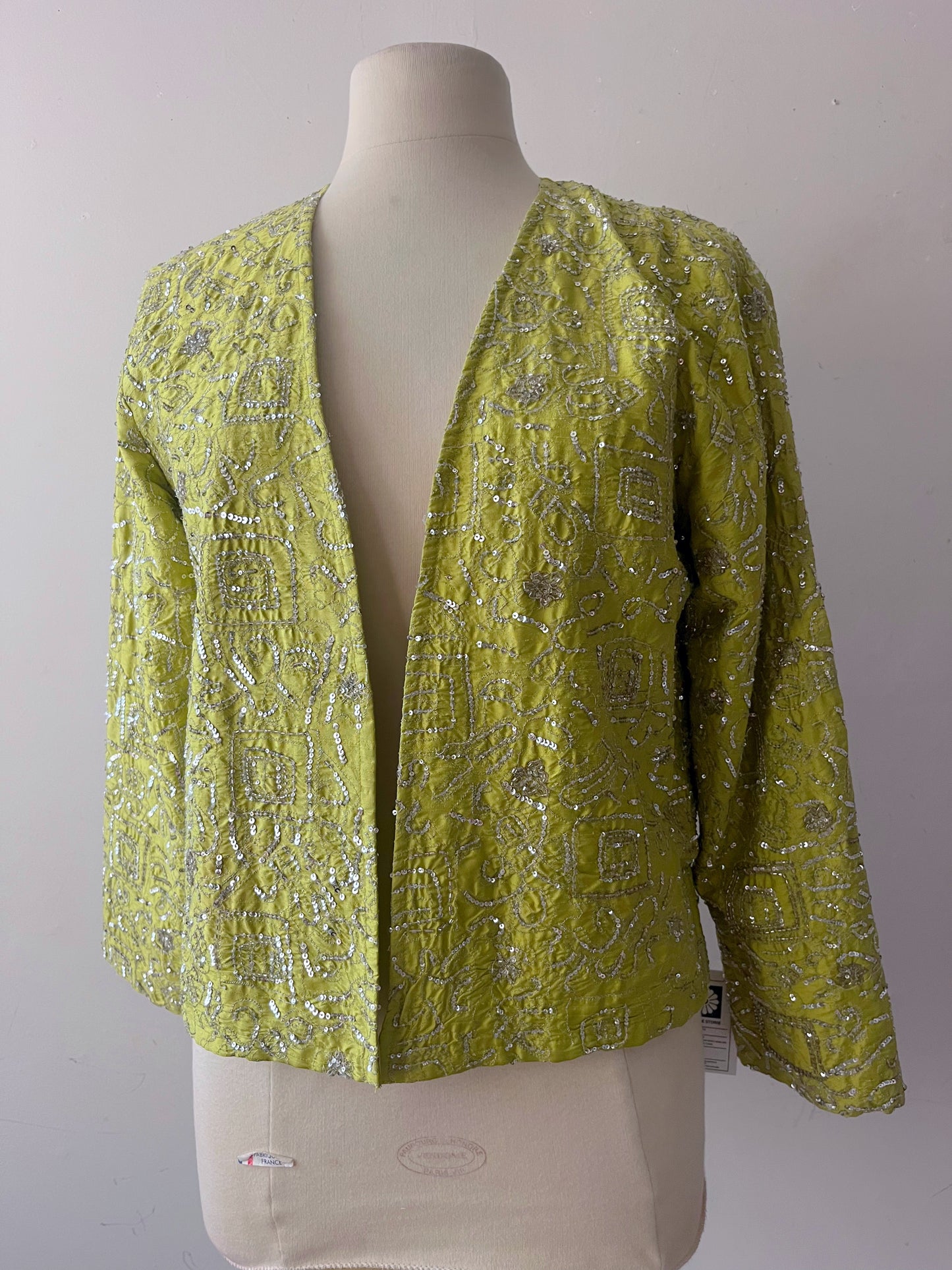 Chartreuse Silk Sequined Embellished Jacket| M/L