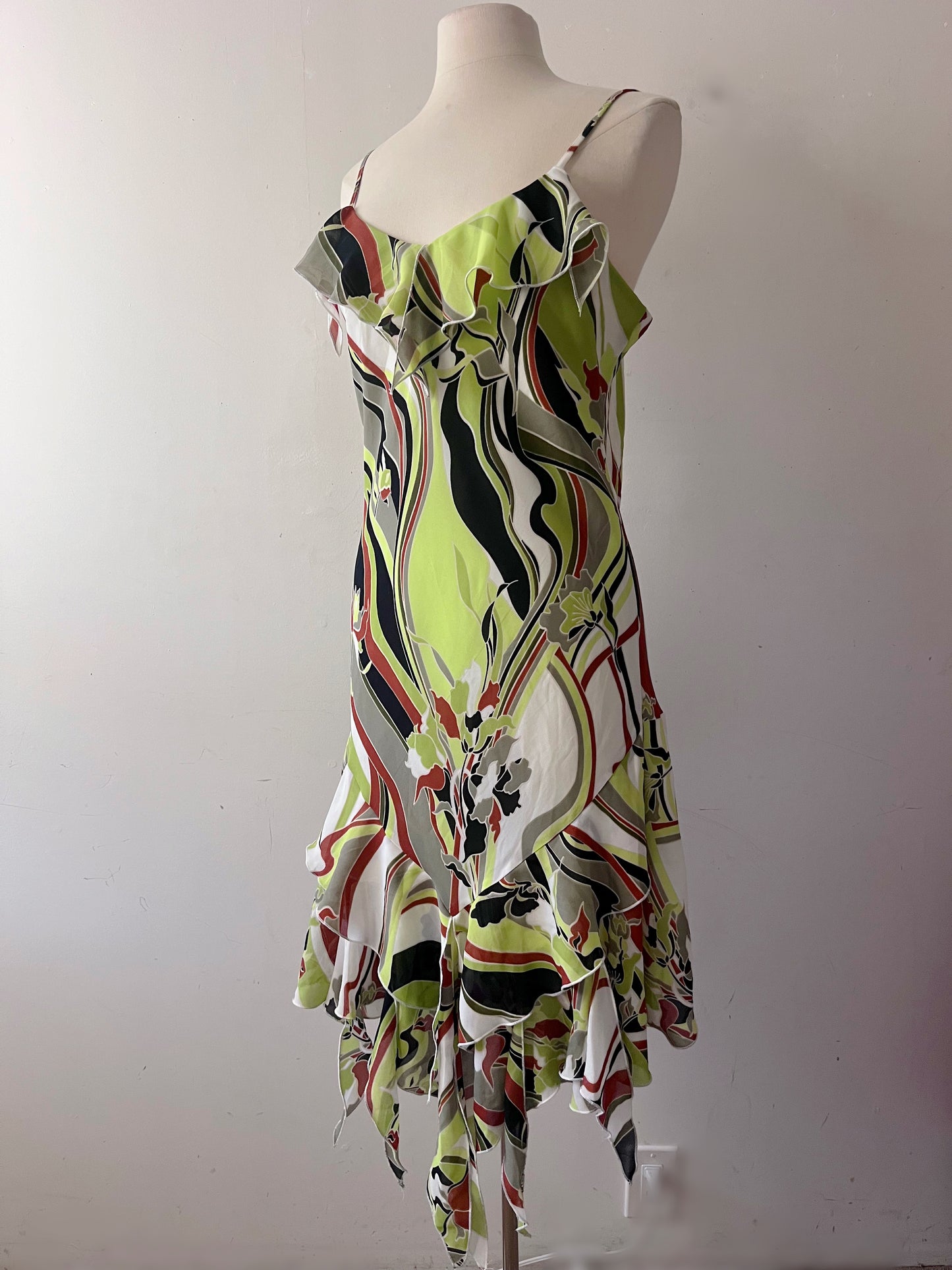 Pucci-Style Graphic Print Ruffle Hem Dress| Large