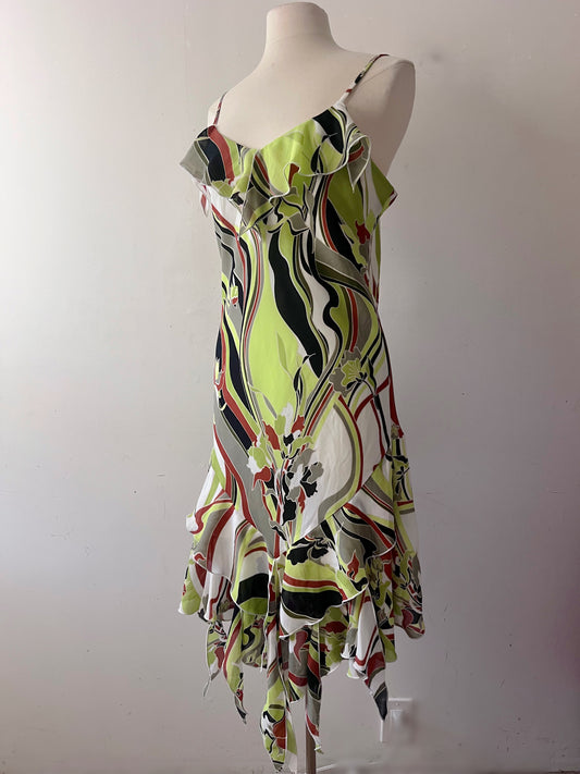 Pucci-Style Graphic Print Ruffle Hem Dress| Large