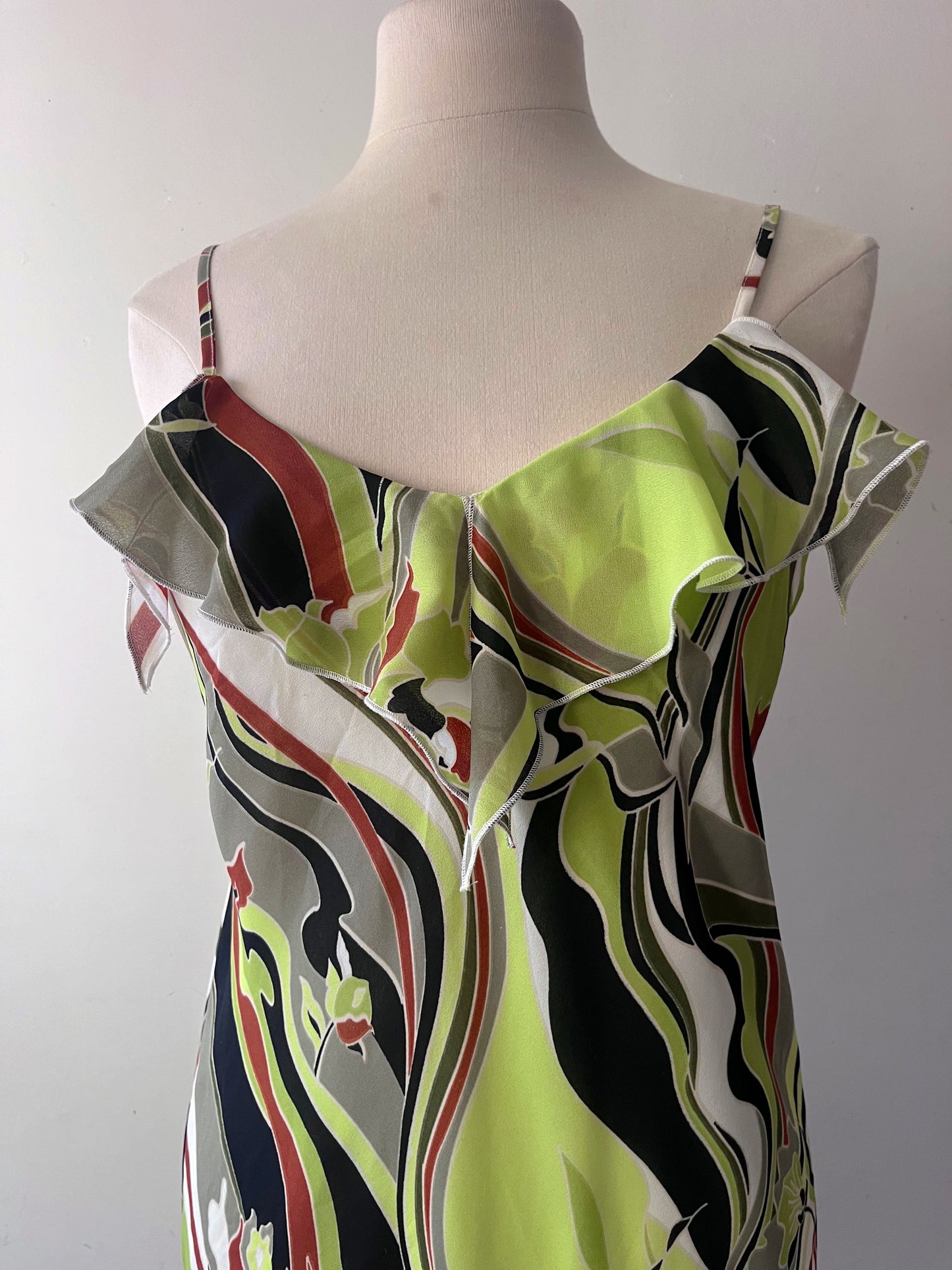Pucci-Style Graphic Print Ruffle Hem Dress| Large