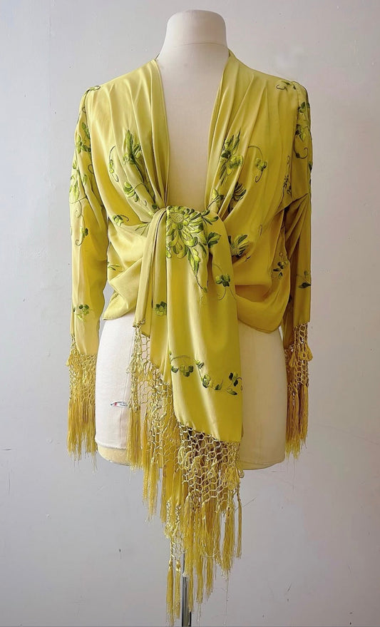 Silk Embroidered Wrap Cardigan with Fringe| One Size