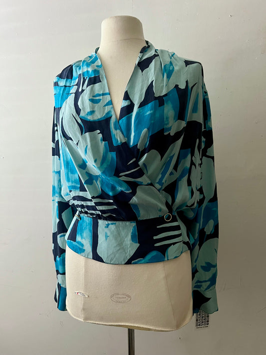Silk Abstract Blue Print Wrap Blouse| Large