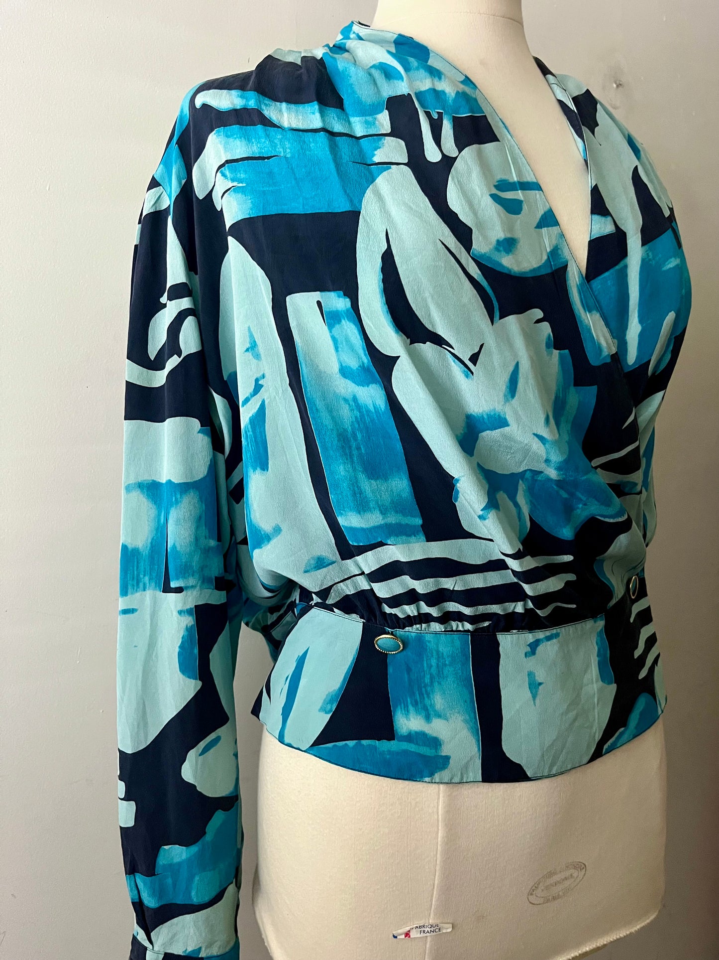 Silk Abstract Blue Print Wrap Blouse| Large
