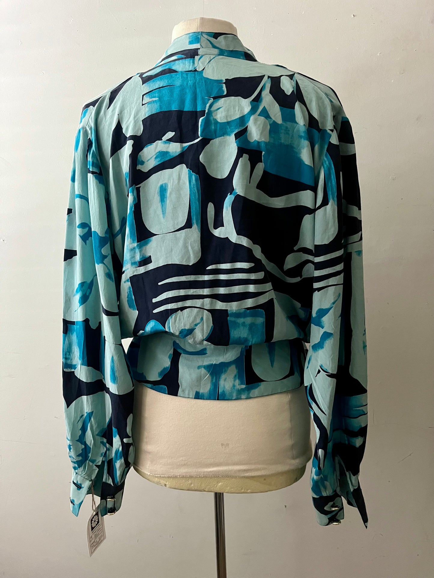 Silk Abstract Blue Print Wrap Blouse| Large