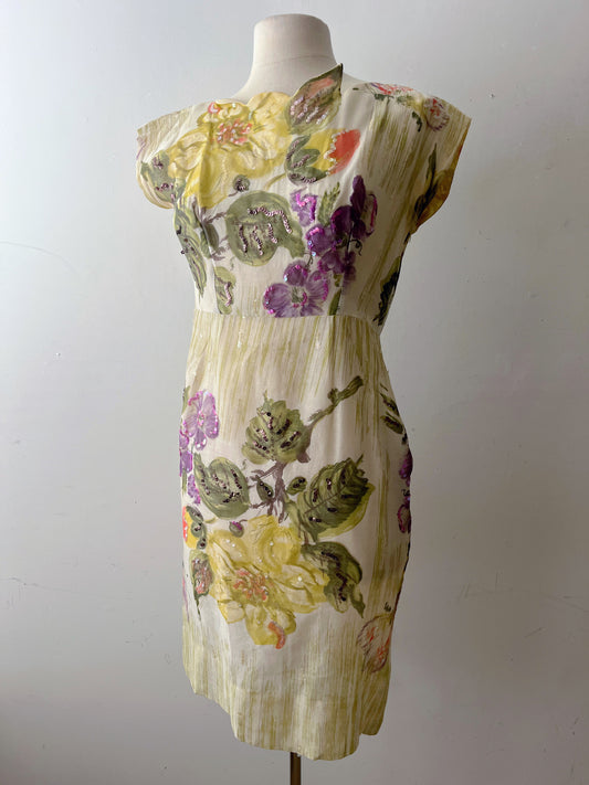 Cream Floral Sequin Shift Dress | Medium