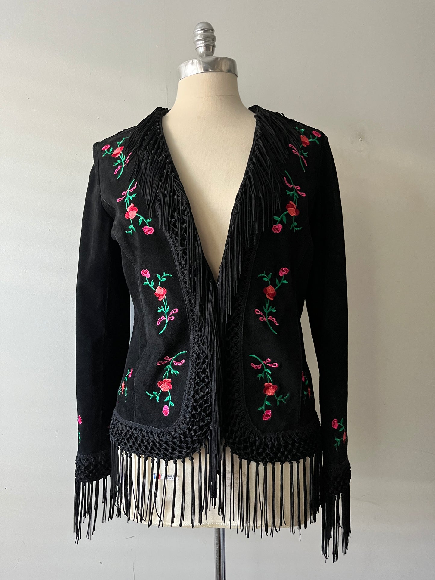 Suede Floral Embroidered Fringe Jacket| Medium