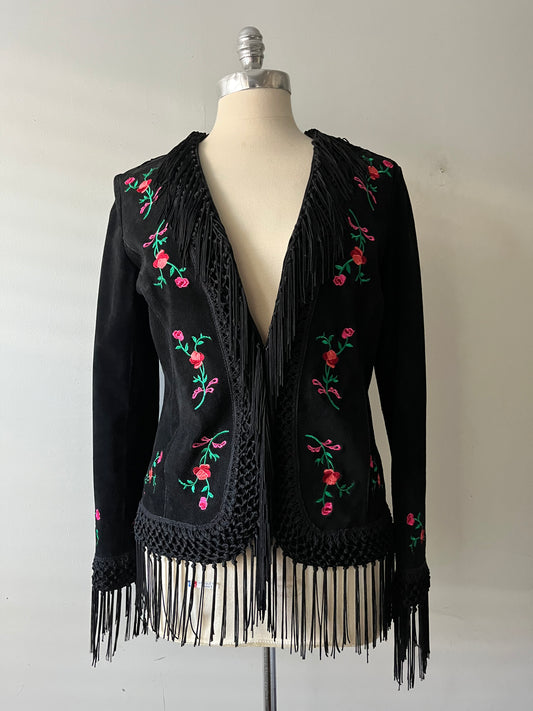 Suede Floral Embroidered Fringe Jacket| Medium