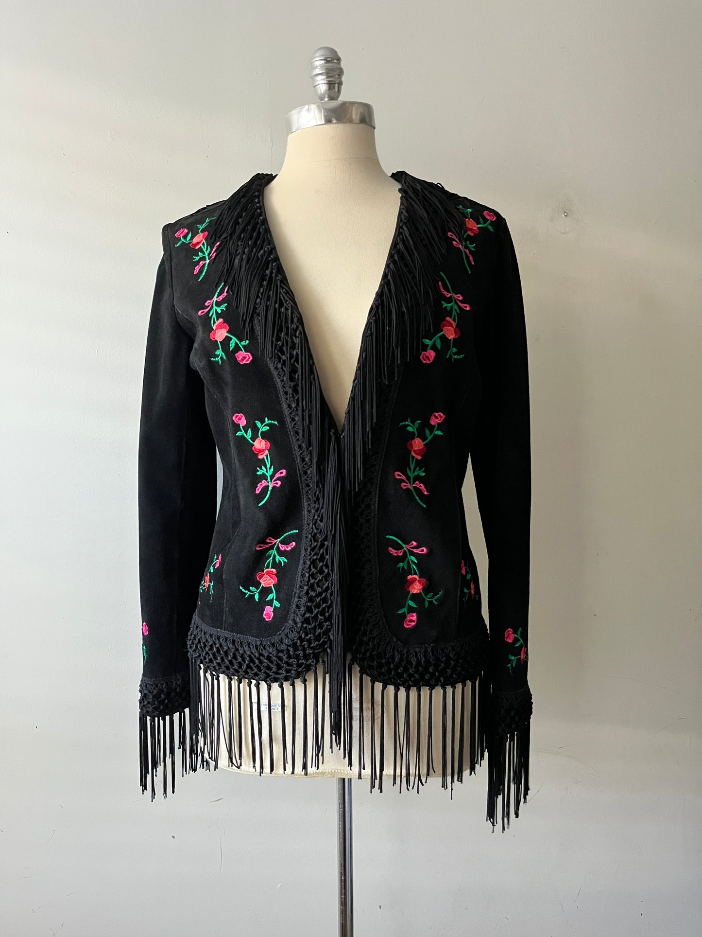 Suede Floral Embroidered Fringe Jacket| Medium