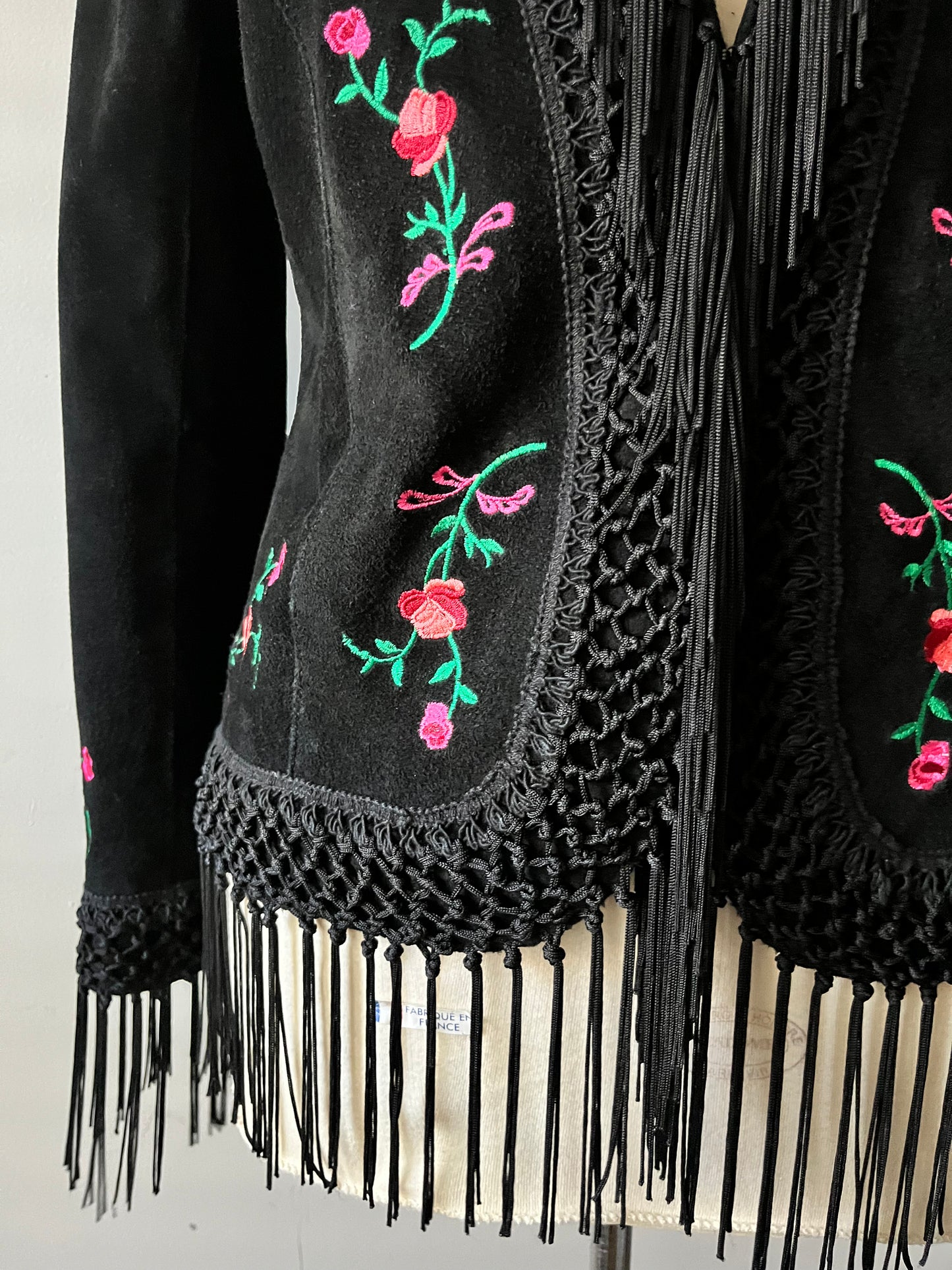 Suede Floral Embroidered Fringe Jacket| Medium