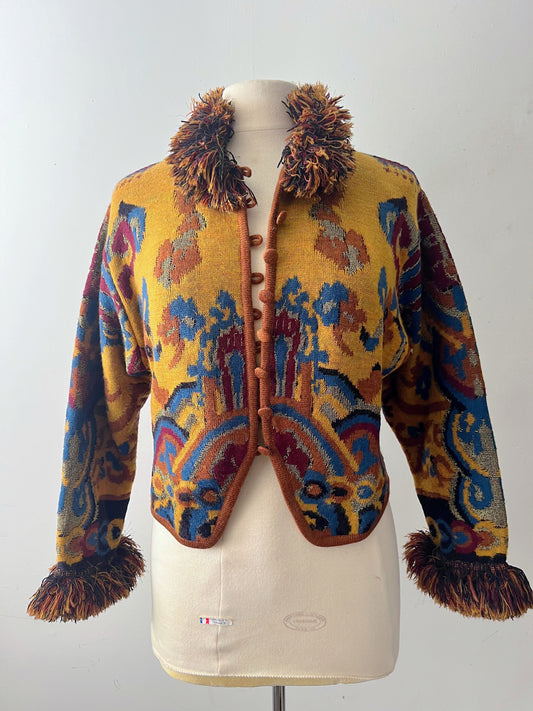 Tapestry Fringe Knit Jacket | Medium