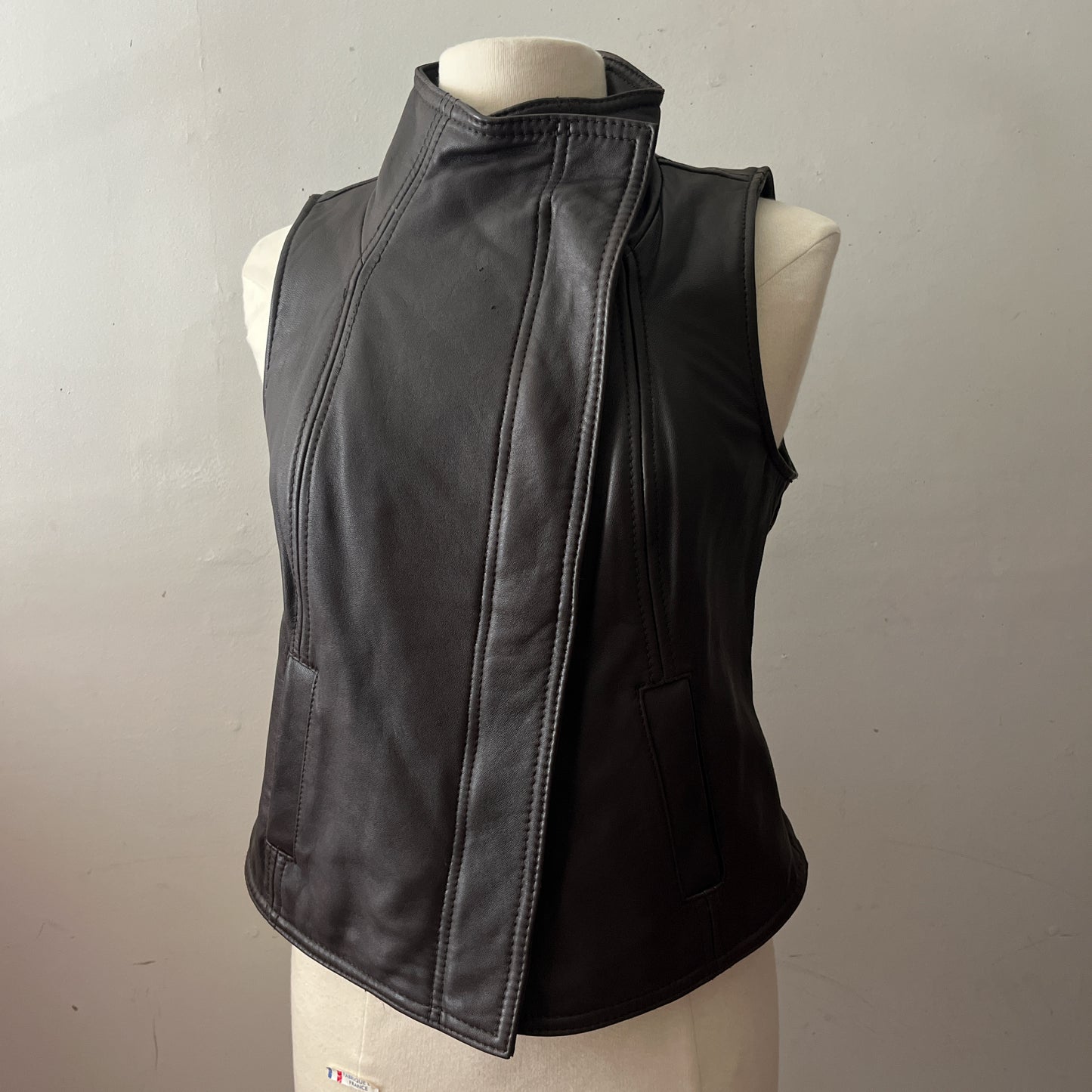 High Neck Leather Zip Vest| Medium