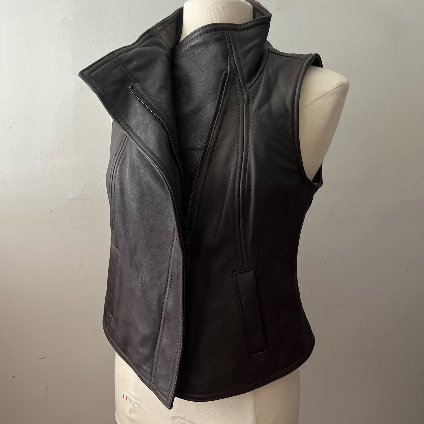 High Neck Leather Zip Vest| Medium