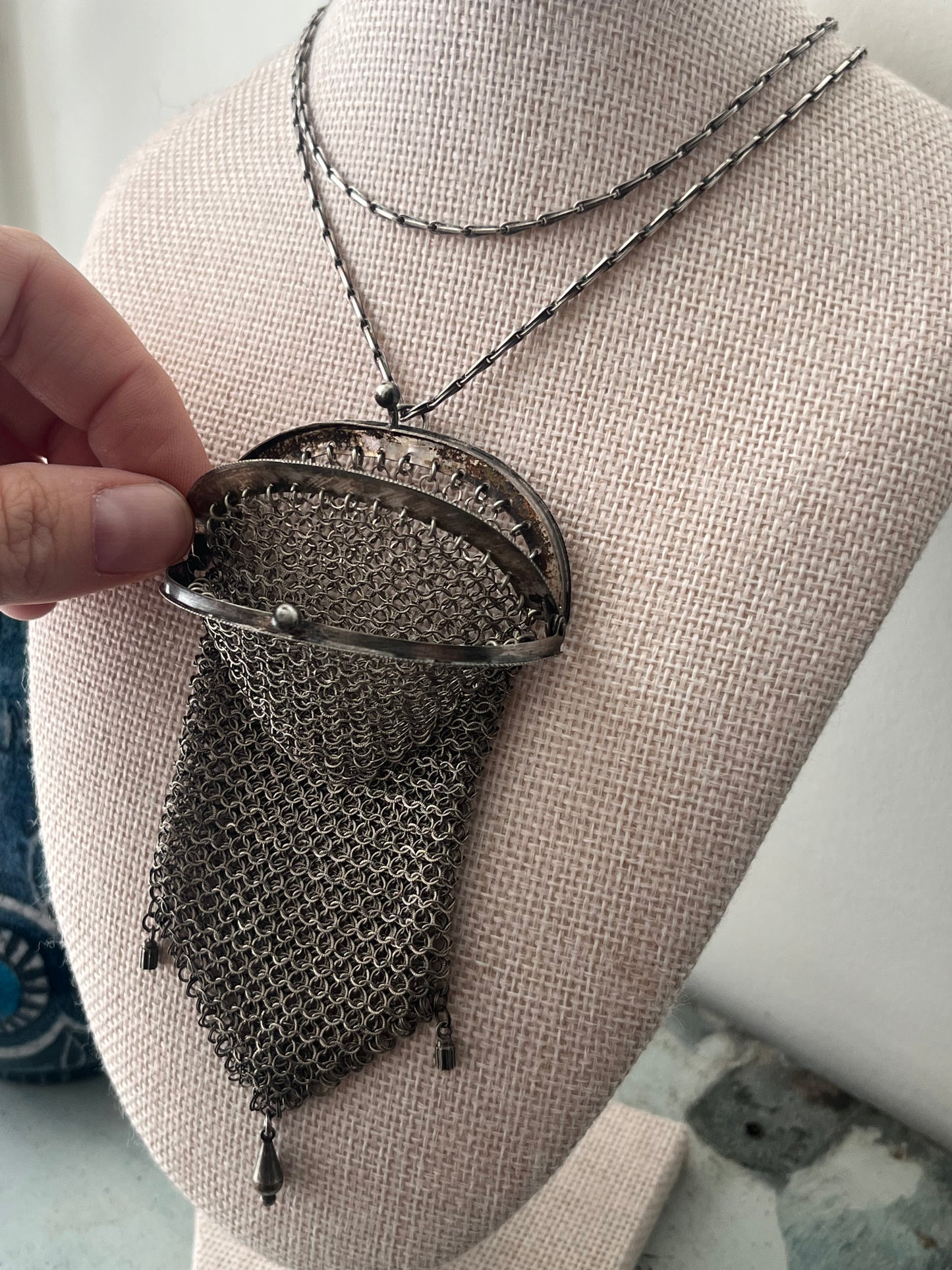 Sterling Mesh Metal Purse Pendent Necklace