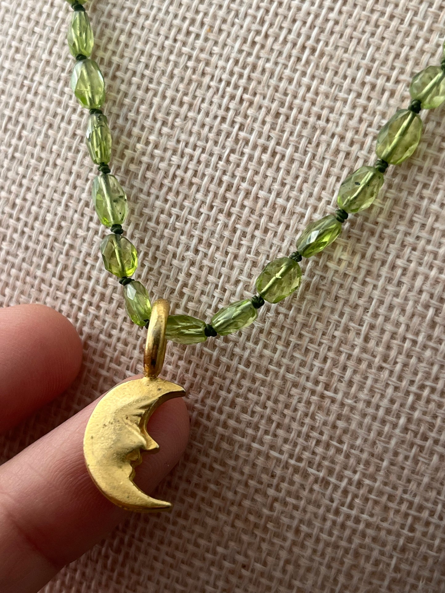 Celestial Moon & Green Peridot Silk Knotted Necklace