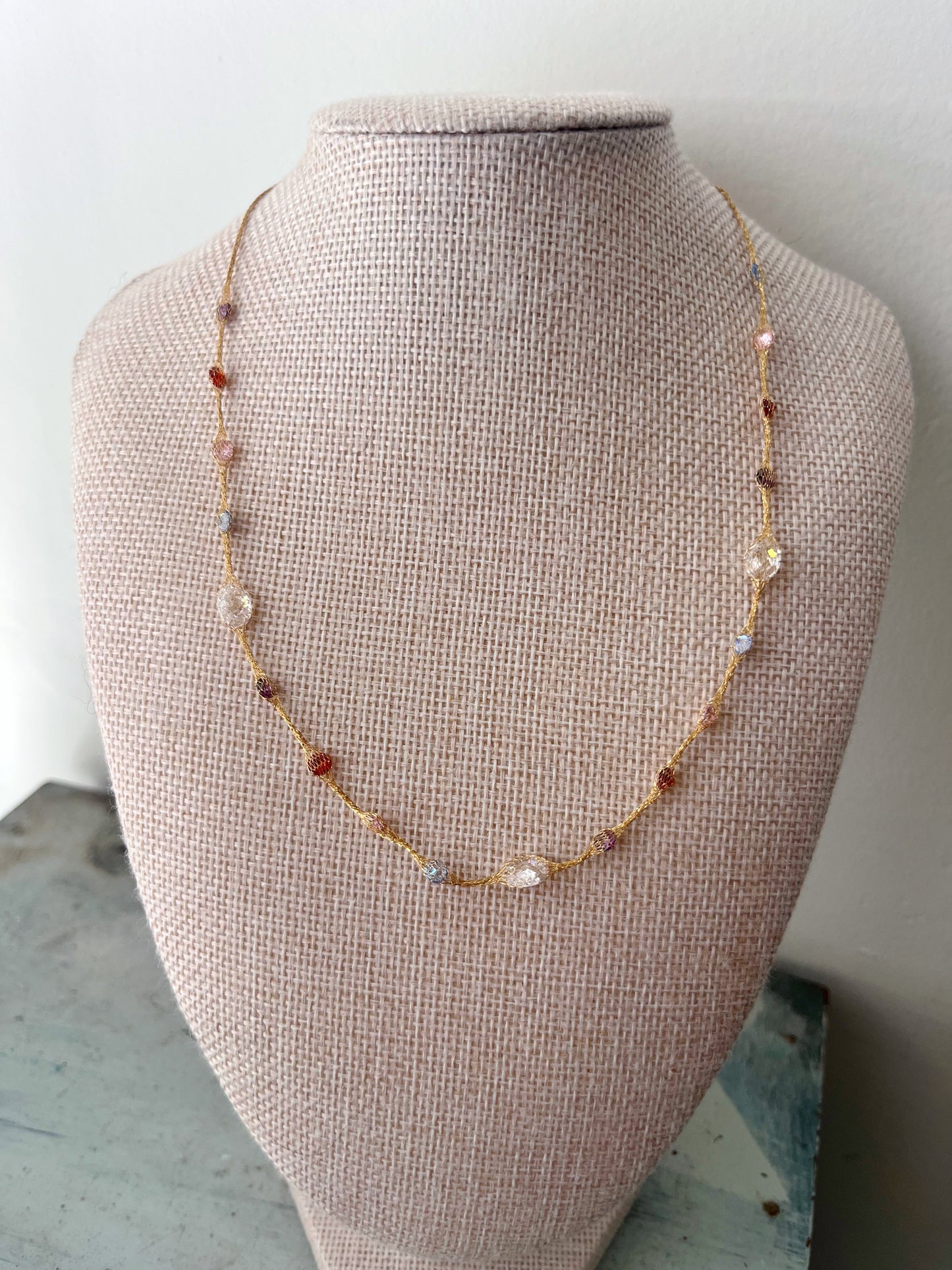 Fishnet Fine Gold 14K Crystal Wrapped Necklace| Rainbow Stones