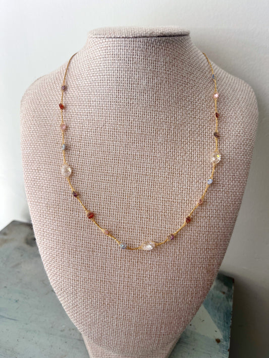 Fishnet Fine Gold 14K Crystal Wrapped Necklace| Rainbow Stones