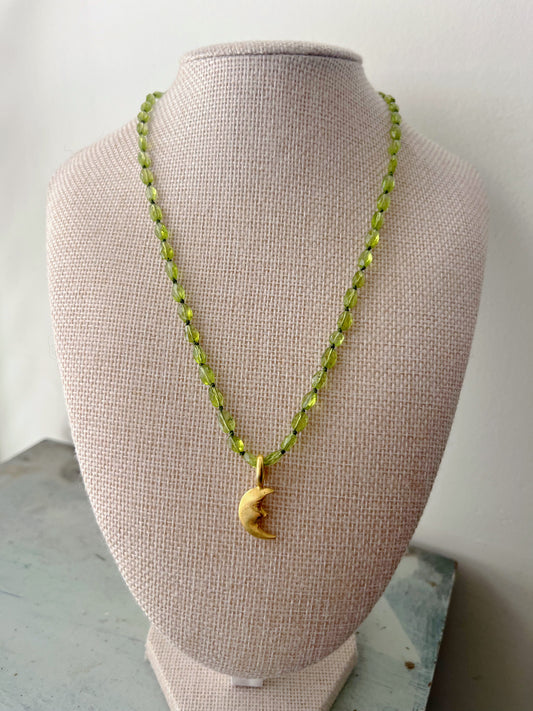 Celestial Moon & Green Peridot Silk Knotted Necklace