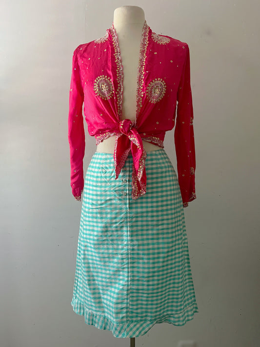 Silk Aqua Gingham Skirt | S/M