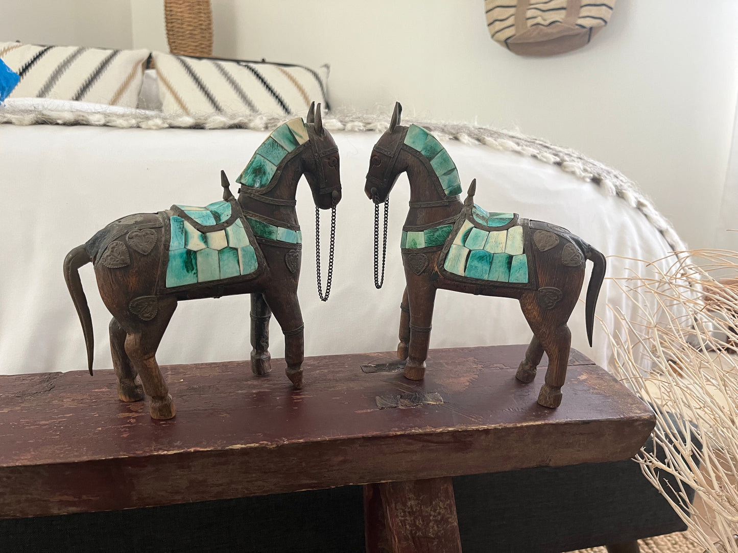Wood Carved Horse Sculptures- Pair