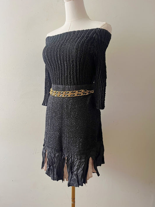 Mermaid Silk Blend Crinkle Boat Neck Top Black| Medium