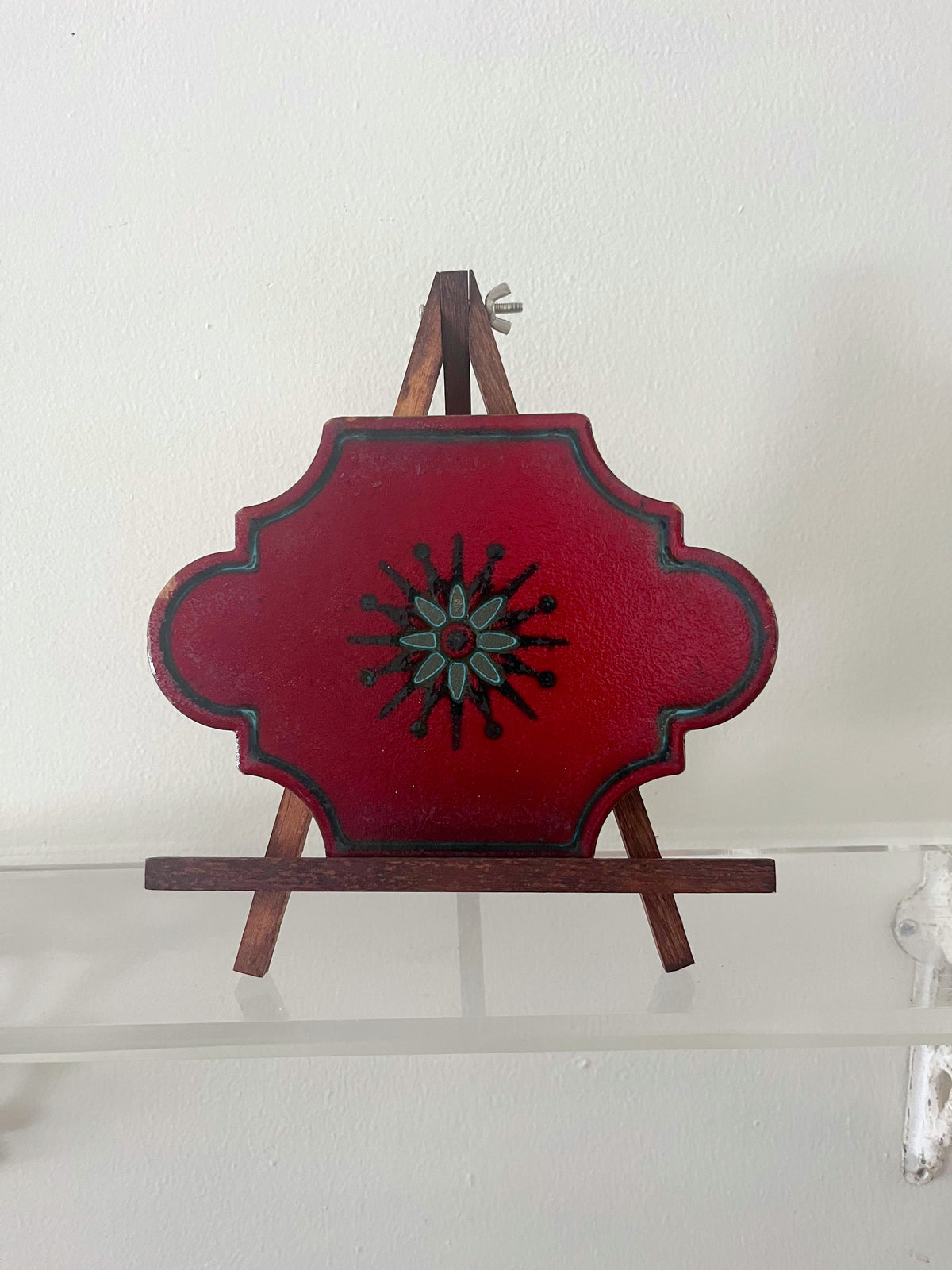Vintage made in Spain Castellon hand glazed round tile art decor on easel 6x8 inch