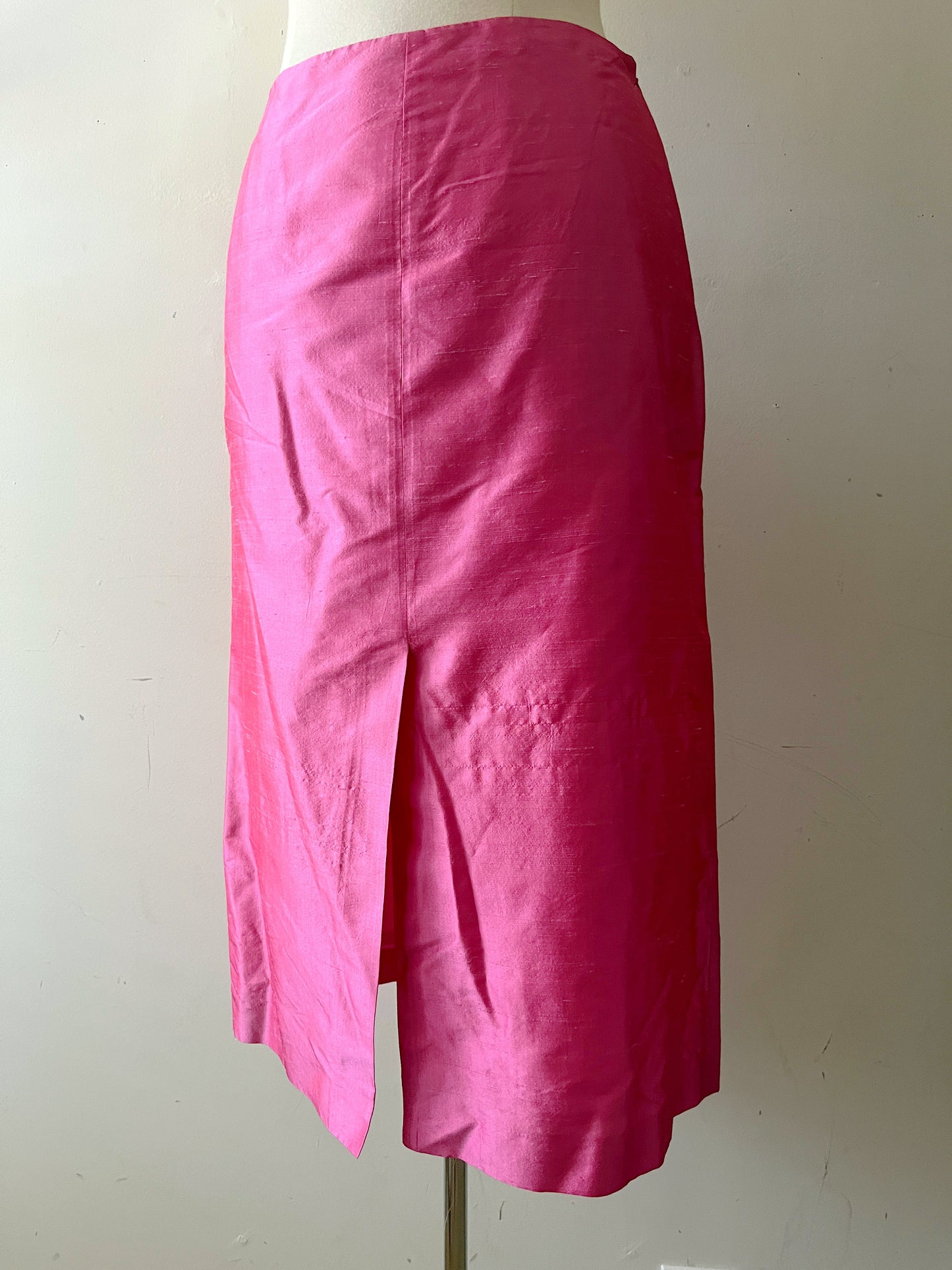 Hot Pink Silk Pencil Skirt with Front & Back Slits| S/M