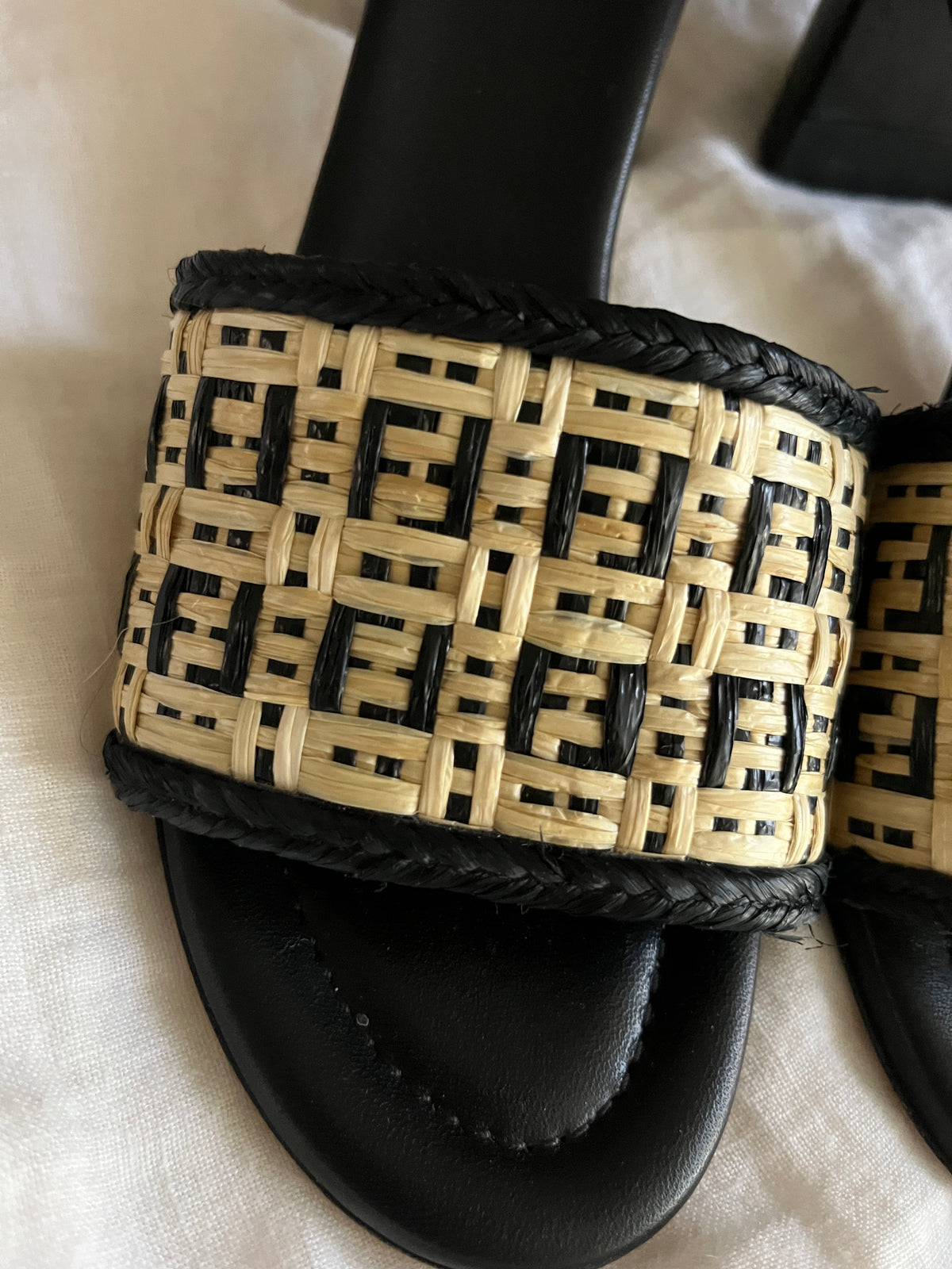 Fendi Roma Woven FF Logo Raffia Slide Sandals