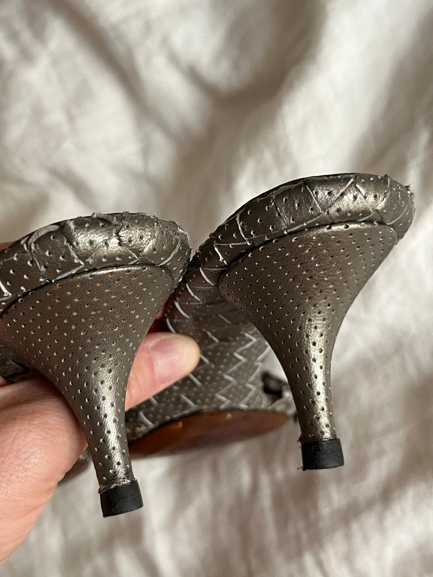 Bottega Veneta Silver Ruffled Leather Slide Sandals