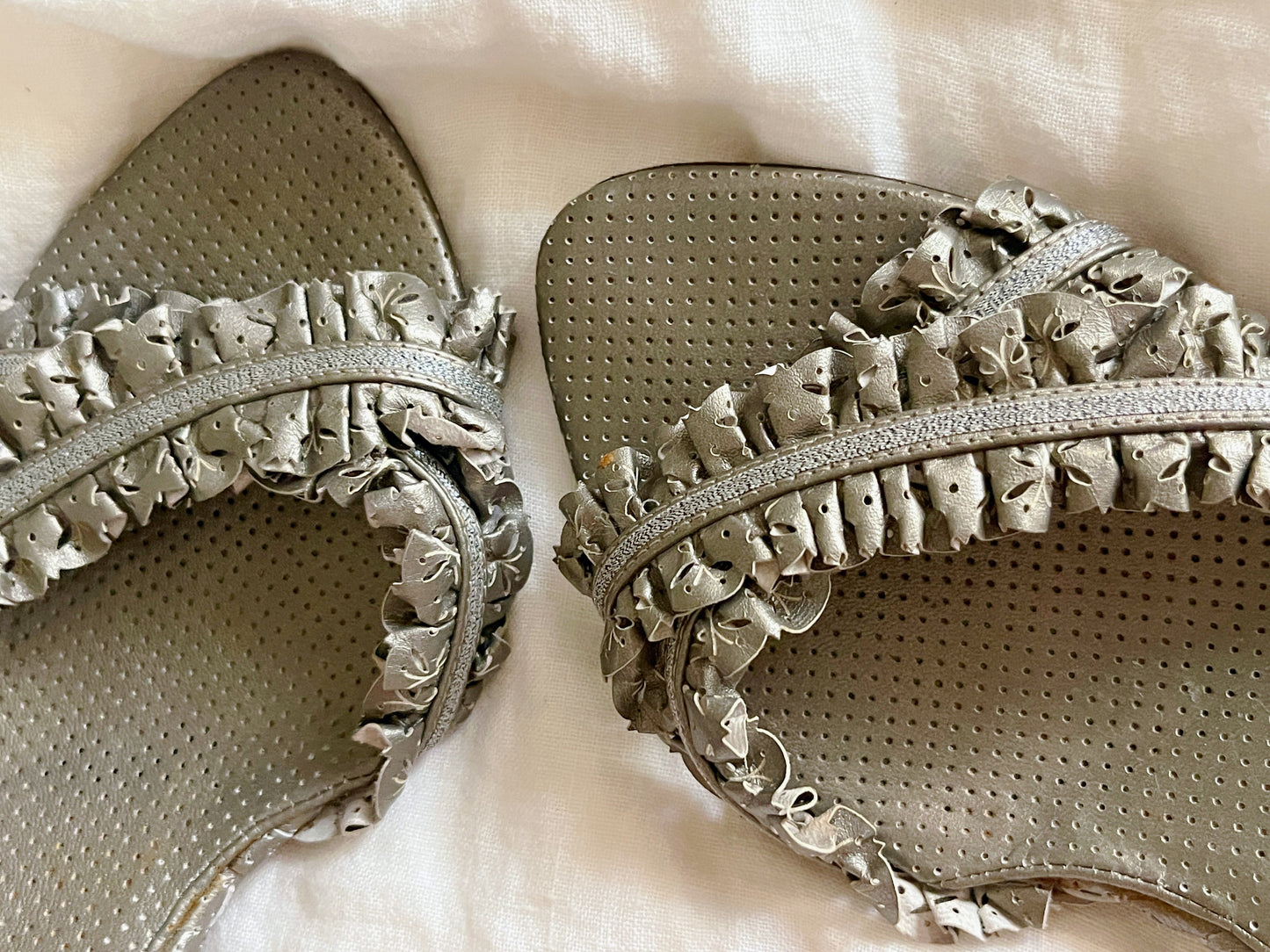 Bottega Veneta Silver Ruffled Leather Slide Sandals